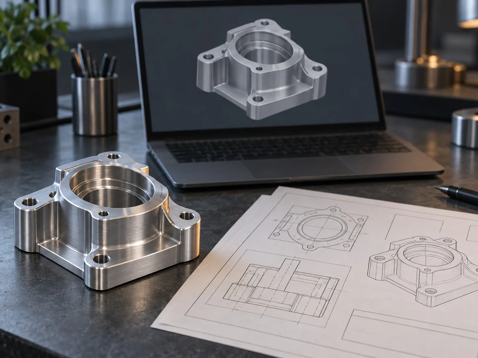Engineering drawing next to a machined part